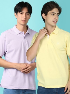 V-MART Solid Men Polo Neck Yellow, Purple T-Shirt