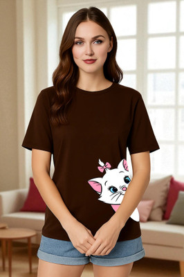 Elvia Printed Women Round Neck Brown T-Shirt