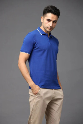 Irsya Solid Men Polo Neck Blue T-Shirt