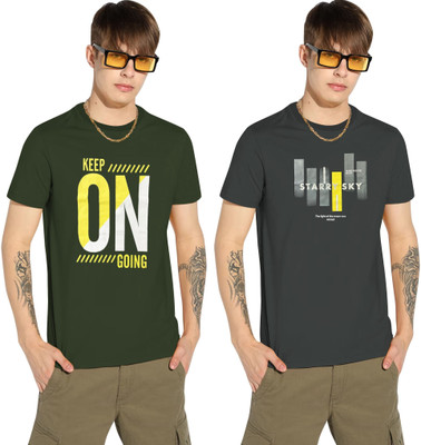 Aee Gee Printed Men Round Neck Dark Green, Multicolor T-Shirt