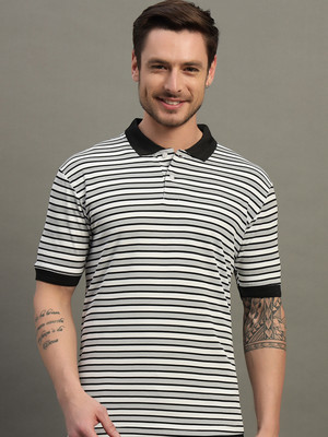 SZN Striped Men Polo Neck Black T-Shirt