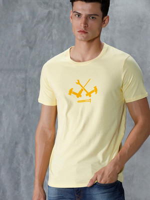 WROGN Printed Men Crew Neck Yellow T-Shirt
