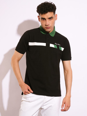BEING HUMAN Striped Men Polo Neck Black T-Shirt