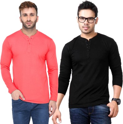 PHINSTAR Solid Men Henley Neck Black, Pink T-Shirt