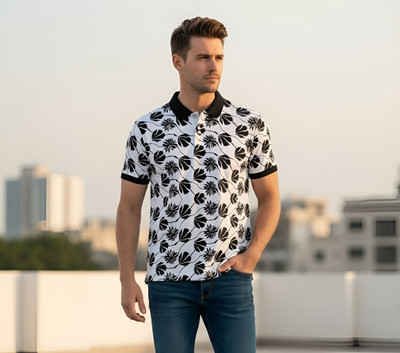 ABIZZSTORE Printed, Floral Print Men Polo Neck Black, White T-Shirt