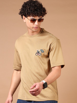V-MART Solid Men Round Neck Brown T-Shirt
