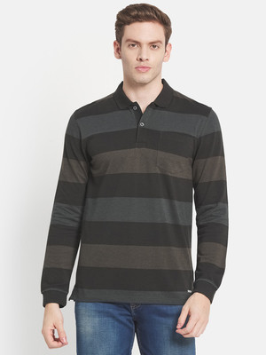 METTLE Striped Men Polo Neck Dark Green T-Shirt