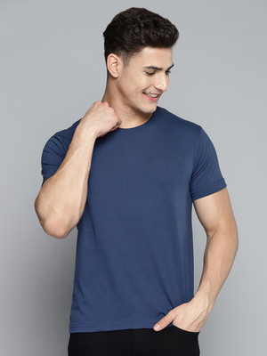 OrrganicChics Solid Men Round Neck Navy Blue T-Shirt