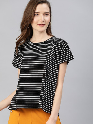 Affordable AF Striped Women Round Neck Black T-Shirt