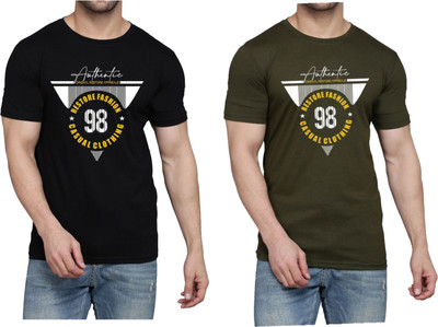 WOOSTRO Printed Men Round Neck Black, Dark Green T-Shirt