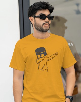 J S APPARELS Printed Men Round Neck Yellow T-Shirt