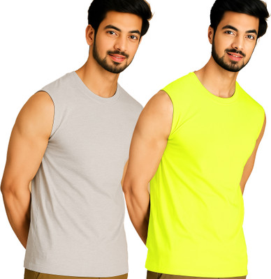 Adorbs Solid Men Round Neck Grey, Green T-Shirt