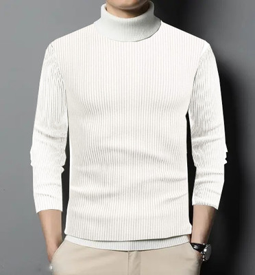 UNREST Self Design High Neck Casual Men White Sweater