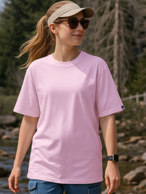 BEWAKOOF Solid Women Round Neck Pink T-Shirt