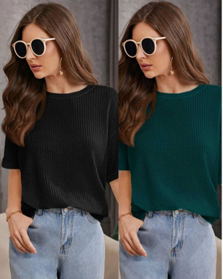 VDTREND Solid Women Round Neck Green, Black T-Shirt