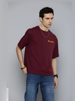 R.Code by The Roadster Life Co. Printed Men Round Neck Maroon T-Shirt