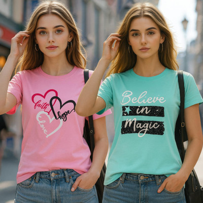 Fabflee Solid Women Round Neck Multicolor T-Shirt