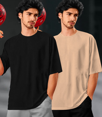 TRIPR Solid Men Round Neck Black, Beige T-Shirt