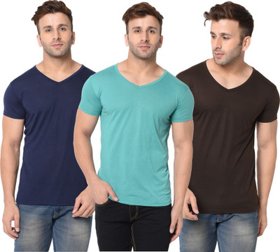 JB Jangoboy Solid Men V Neck Dark Blue, Brown, Light Green T-Shirt