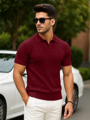 Veirdo Solid Men Polo Neck Purple T-Shirt