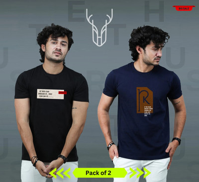 t-hustler Printed Men Round Neck Black, Navy Blue T-Shirt