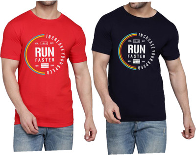 WOOSTRO Printed Men Round Neck Red, Dark Blue T-Shirt