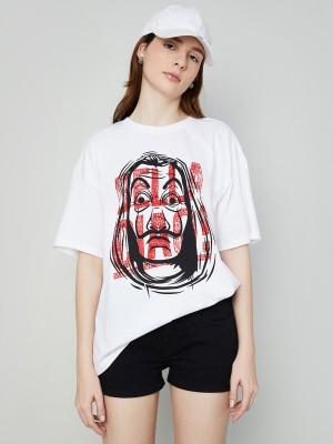 Ginger by Lifestyle Printed Women Round Neck White T-Shirt