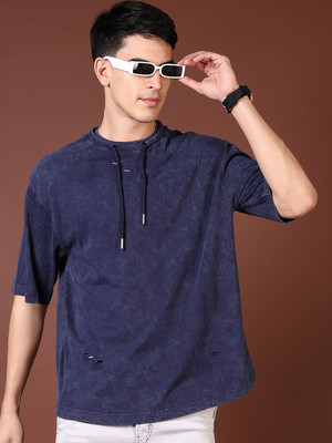 V-MART Solid Men Crew Neck Blue T-Shirt