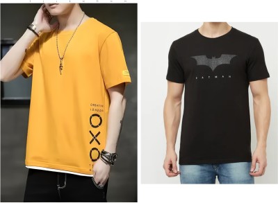 Meetri Printed Men Round Neck Yellow, Dark Blue T-Shirt