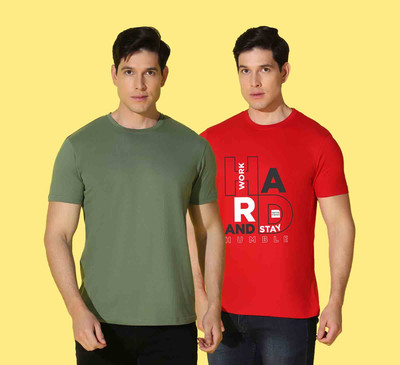 WOOSTRO Printed, Solid Men Round Neck Green, Red T-Shirt