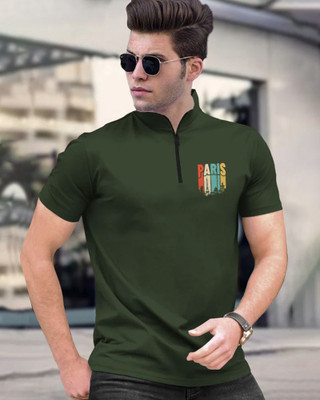 FastColors Printed Men Mandarin Collar Dark Green T-Shirt