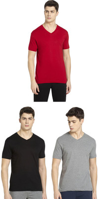 JOCKEY Solid Men V Neck Black, Grey, Red T-Shirt