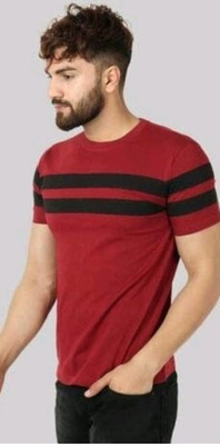 Meetri Colorblock Men Round Neck Maroon T-Shirt