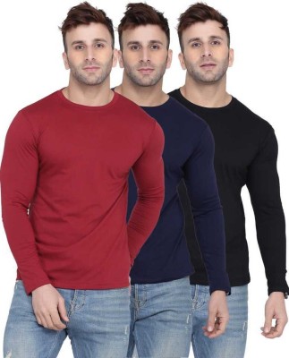 Phrill Solid Men Round Neck Dark Blue, Maroon, Black T-Shirt