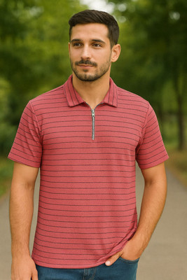 METRONAUT Striped Men Zip Neck Pink T-Shirt