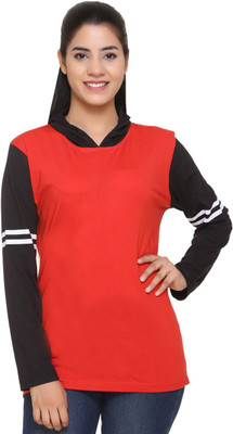 SHAUN Solid Women Hooded Neck Red T-Shirt