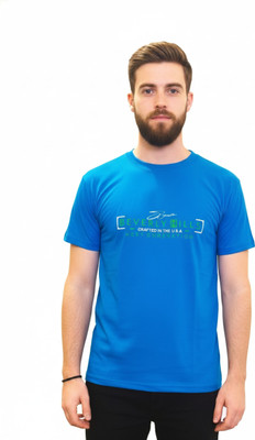 FANDOM Solid Men Round Neck Blue T-Shirt