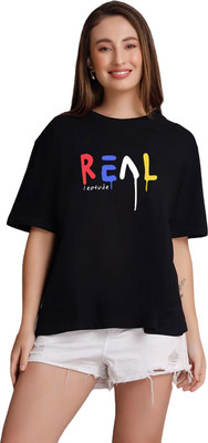 Trond Printed Women Round Neck Black T-Shirt