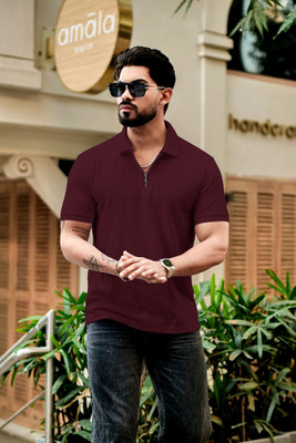 Rufica Self Design Men Zip Neck Maroon T-Shirt