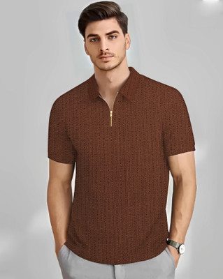 AUSK Checkered Men Polo Neck Brown T-Shirt