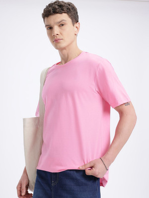 Glitchez Solid Men Round Neck Pink T-Shirt
