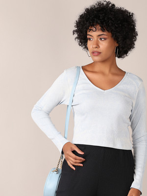 V-MART Solid Women V Neck Blue T-Shirt