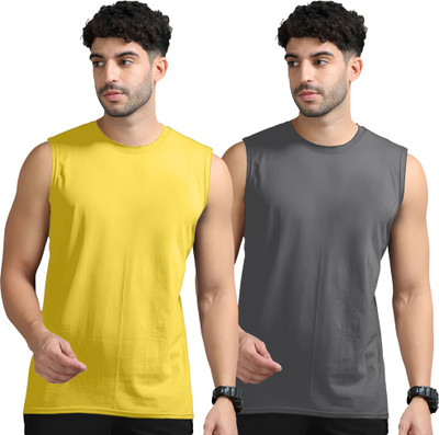 Adorbs Solid Men Round Neck Yellow, Grey T-Shirt