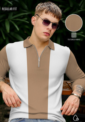 KAJARU Striped Men Polo Neck Beige T-Shirt