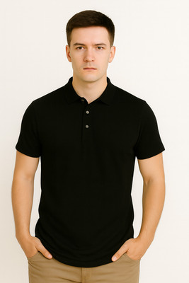 ninjafort Solid Men Polo Neck Black T-Shirt