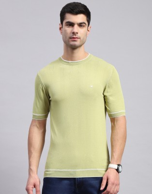 MONTE CARLO Solid Men Round Neck Light Green T-Shirt