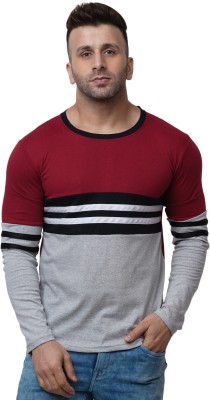 WRODSS Striped Men Round Neck Maroon T-Shirt