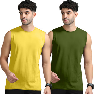 Adorbs Solid Men Round Neck Yellow, Dark Green T-Shirt