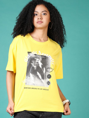 V-MART Floral Print Women Round Neck Yellow T-Shirt