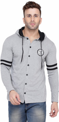 GEUM Solid Men Hooded Neck Grey T-Shirt